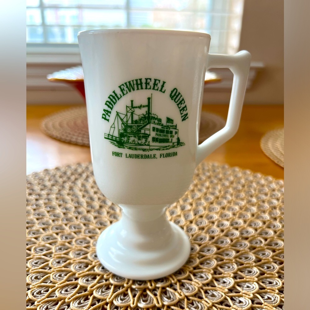 Vintage 70s Milk Glass Paddlewheel Queen Ft. Lauderdale, Florida Pedestal Mug